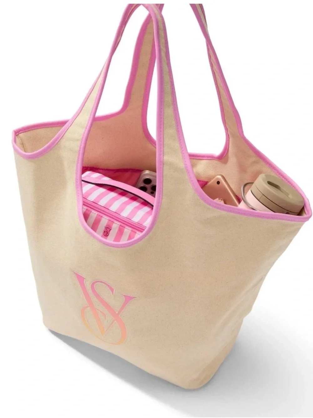 Gorgeous Victoria's Secret Cream Canvas Tote with Pink Trim MSRP $49.95